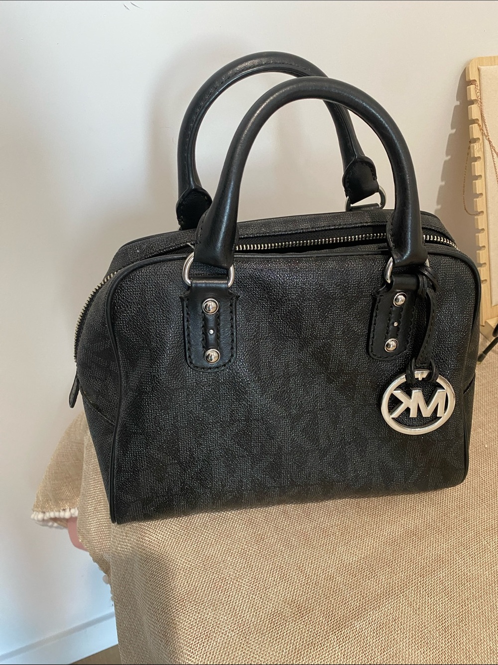 Michael Kors Black Logo Dome Satchel with Silver MK Charm